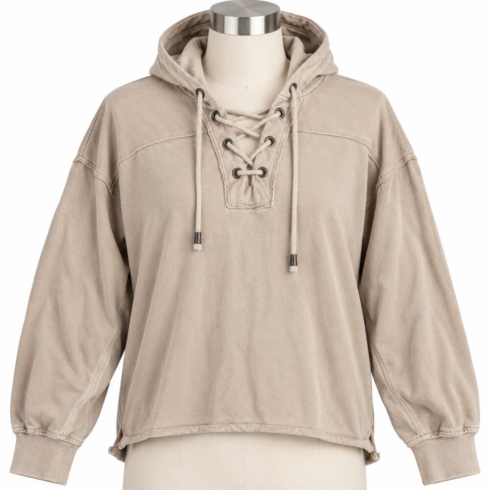 Aerie Beige Lace Up Hooded Pullover 100% Cotton Women's XS
